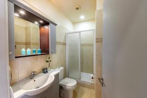 une salle de bain avec un lavabo, des toilettes et une douche dans l'établissement Mackenzie Beachfront Eftyhia Suite, à Larnaka