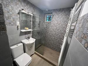 a bathroom with a toilet and a shower and a sink at Babi Apartments in Sovata