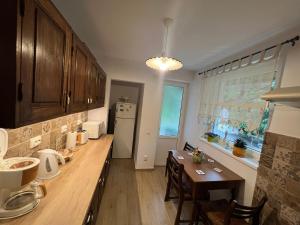 a kitchen with a wooden counter and a table with chairs at Babi Apartments in Sovata