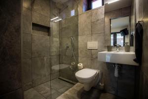een badkamer met een toilet, een douche en een wastafel bij Ubytovacie zariadenie U Mudajov in Kraľovany