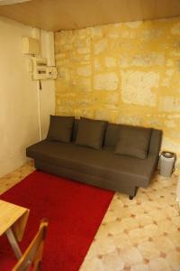 eine Couch in einem Zimmer mit einem roten Teppich in der Unterkunft Petit studio au coeur d'Uzès in Uzès
