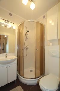 un bagno con doccia, WC e lavandino di Nadmorskie Pokoje i Apartamenty a Krynica Morska