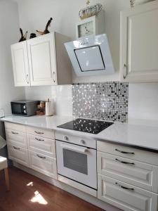 cocina con armarios blancos y fogones en Luxus Ferienwohnung/Suite in Villa D' Aragon en Gera