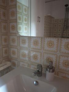 een badkamer met een wastafel en een spiegel bij Appartement, prive terrasse, parking et jardin in Le Boulou