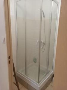 La salle de bains est pourvue d'une douche avec une porte en verre. dans l'établissement Chez Mylène et J-P, à Orange