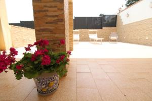 a vase filled with red flowers sitting on a patio at AM Bonagia Valderice VILLA INTERA in Valderice