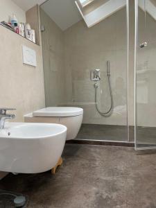 y baño con ducha, aseo y lavamanos. en Oberaudorf-Kaiserblick en Oberaudorf