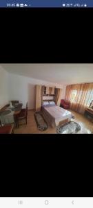 a bedroom with a bed and a desk and a chair at garsoniera CxM house in Băile Herculane