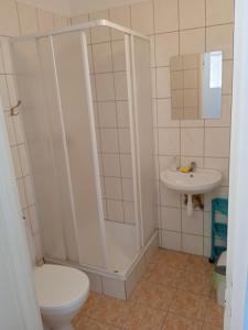La salle de bains est pourvue d'une douche, de toilettes et d'un lavabo. dans l'établissement Kwatera do wynajęcia, à Gołdap