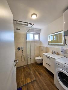 a bathroom with a shower and a toilet and a sink at Apartmani Adria in Nin