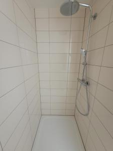 a shower with a shower head in a bathroom at kleines Apartment in Wittenburg