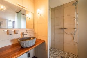 La salle de bains est pourvue d'un lavabo et d'une douche. dans l'établissement Gîte Le Jorat - Studio, à Bogève