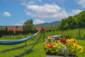 a hammock in a yard with flowers and a swing at Domek Ale Fajnie - taras z widokiem na góry in Karpacz