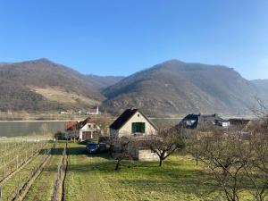 uma quinta com uma casa e um lago e montanhas em Top Ferienhaus bei Spitz / Wachau em Schwallenbach