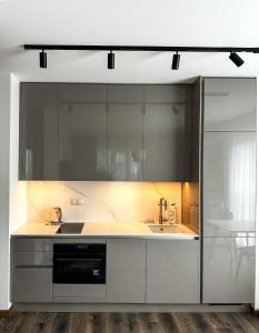 a kitchen with gray cabinets and a sink at Apartament VIP Wola in Warsaw