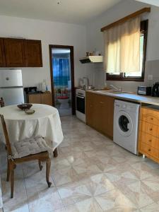 a kitchen with a table and a washing machine at Volcano View Nisyros in Mandrákion