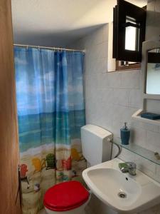 a bathroom with a shower curtain and a toilet and a sink at Volcano View Nisyros in Mandrákion