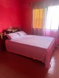 una camera con un letto in una stanza rossa di A&G Guest House Kumba a Kumba