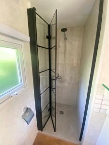 a shower with a glass door in a bathroom at Domek z widokiem na las in Nielisz