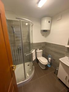 a bathroom with a shower and a toilet and a sink at Vila Meri in Vodice