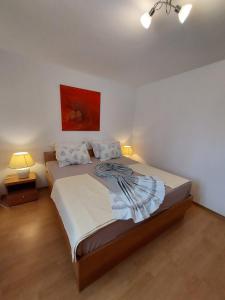 沃迪采的住宿－Vila Meri，卧室配有一张床,墙上挂有绘画作品