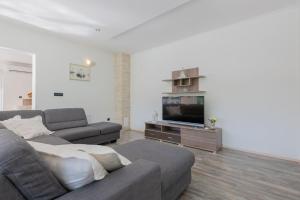 a living room with a couch and a flat screen tv at Kuća za odmor -FourM in Novak