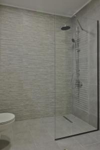 a bathroom with a glass shower with a toilet at antonis new apartment's 1 in Katerini