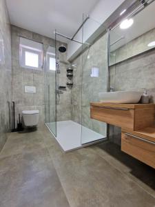 un bagno con doccia in vetro e lavandino di Villa Poseidon a Novalja (Novaglia)