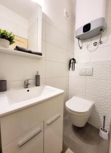 La salle de bains blanche est pourvue de toilettes et d'un lavabo. dans l'établissement Cozy apartment with balcony 10 min from the beach, à Rijeka