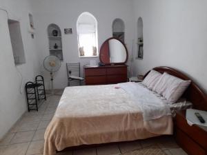 a bedroom with a large bed and a mirror at Niki's view in Agriliá