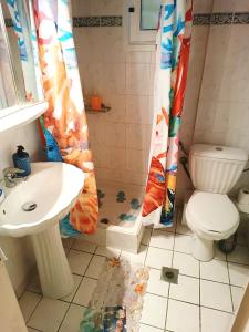 uma casa de banho com um lavatório, um WC e uma cortina de chuveiro. em 7 Seas House em Kalivia Poligirou