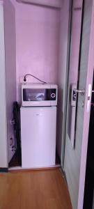 eine Mikrowelle auf einem Kühlschrank im Zimmer in der Unterkunft Mansarda Nizza Tre in Turin