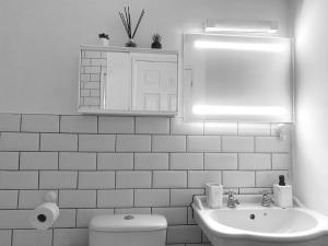 La salle de bains est pourvue de toilettes, d'un lavabo et d'un miroir. dans l'établissement Flat in London- Modern 2 Bedroom Apartment Harrow near Wembley, à Harrow