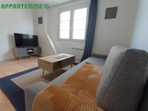 een woonkamer met een bank en een tv bij Appartemple in Meaux