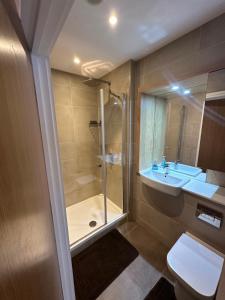 uma casa de banho com um chuveiro, um lavatório e um WC. em Colindale luxury Apartment em Colindale