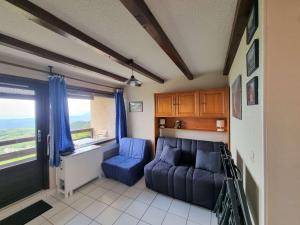 un salon avec un canapé bleu et une fenêtre dans l'établissement Studio rénové 2 pers - Balcon Sud - Animaux admis - FR-1-393-80, à Saint-Michel-de-Chaillol