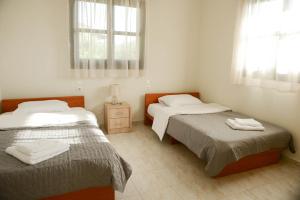 a bedroom with two beds and two windows at Perfetto Country House - Myrtos View in Anomeriá