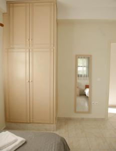 1 dormitorio con armario grande y espejo en Perfetto Country House - Myrtos View en Anomeriá