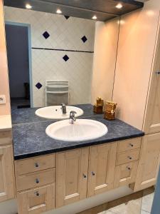 a bathroom with a sink and a mirror at Dans Baptiste traditionnellle appartement de la plage et terrasse Balli in Rayol-Canadel-sur-Mer