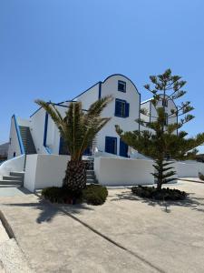 un bâtiment avec deux palmiers devant lui dans l'établissement Hotel Paradisos Oia, à Oia