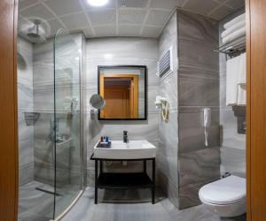 a bathroom with a sink and a shower and a toilet at Freya Hotel in Istanbul