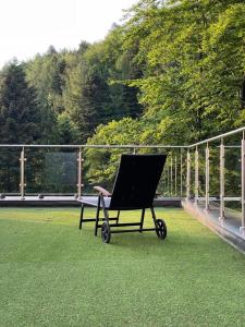 a black chair sitting on top of a field of grass at Apartament Kurort Kozubnik - Taras nad Potokiem in Porąbka