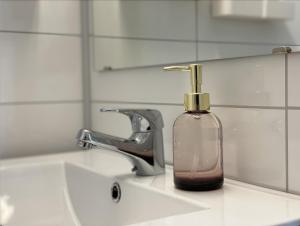 a soap dispenser sitting on a bathroom sink at BORG Sommerhotell in Spjelkavik