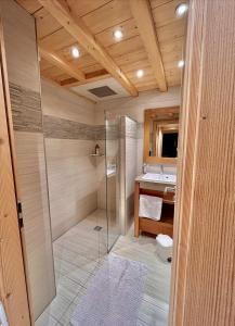 uma casa de banho com um chuveiro e um lavatório. em Résidences Delavay La Cordée em Les Gets