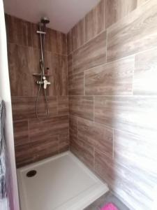 a bathroom with a shower with wooden walls at Le Pick up 403 vintage in Oradour-sur-Glane +45 photos