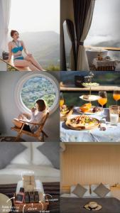 a collage of photos of a woman sitting at a table with food at Phu Phop Kham in Ban Huai Khai