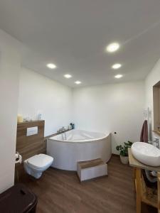 a bathroom with a tub and a toilet and a sink at Apartment and Studio Ivan Dolac in Ivan Dolac