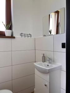 a white bathroom with a sink and a mirror at Zagroda wypoczynkowa- Domki nad rzeką in Smerekowiec