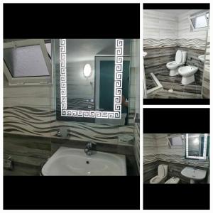 two pictures of a bathroom with a sink and a mirror at Villa LIKAJ in Berat