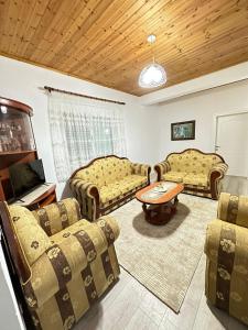 salon z kanapami i stołem w obiekcie Vila LIKAJ w mieście Berat